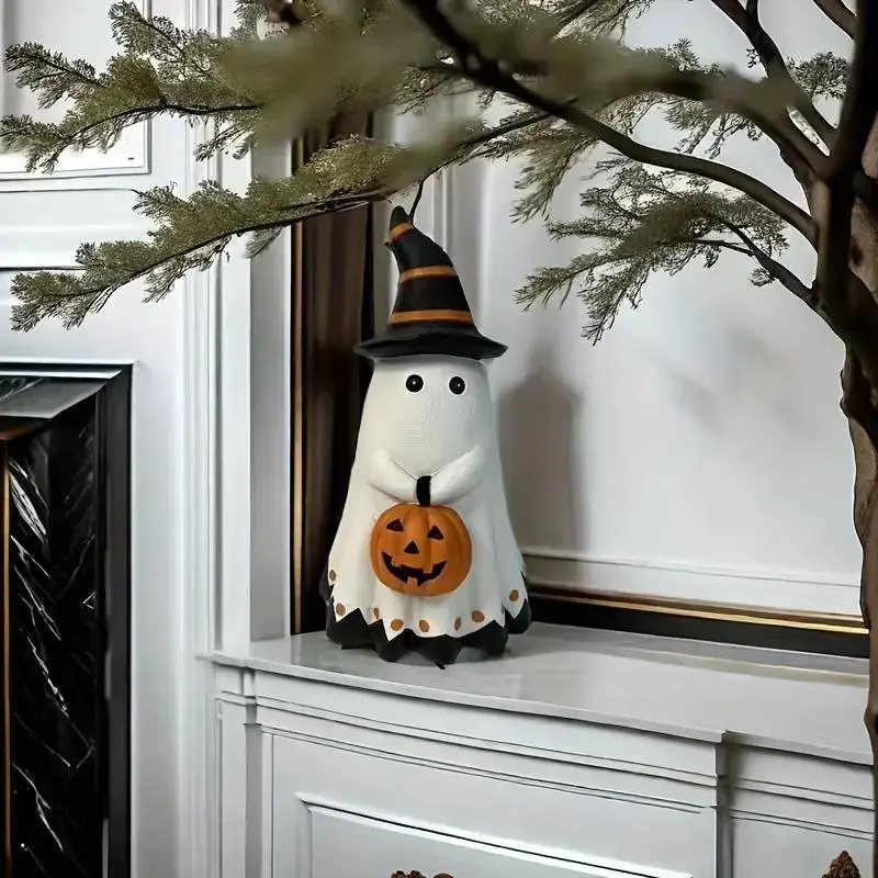 Halloween Pumpkin Statue with Witch Hat, Durable Resin Decoration, Perfect for Home & Garden, Holiday Party Decorations, Decorative Ornaments, Ornaments