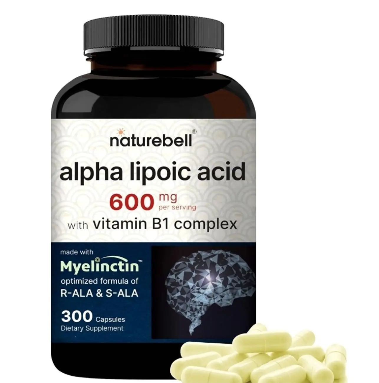 Alpha Lipoic Acid Complex, 600mg, 300 Capsules | 4-in-1 Myelinctin Formula with R-ALA, S-ALA, Thiamine & Benfotiamine | High Absorption & Antioxidant Support | Non-GMO, Gluten-Free