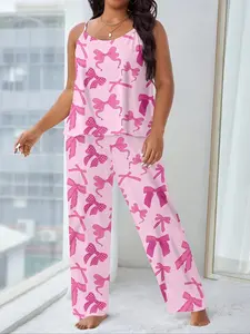 【Plus Size】 Bow Print Cami Top & Pants Pyjama Set, Casual Comfortable Loungewear Set for Women, Women's Sleepwear for All Seasons, Homewear, Pajamas