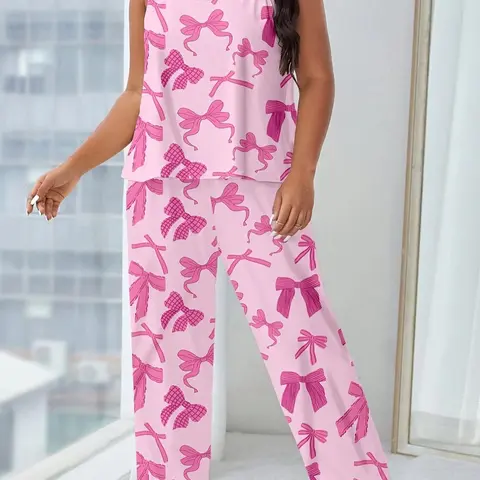 Plus Size Bow Print Cami Top & Pants Pyjama Set, Casual Comfortable Loungewear Set for Women, Women's Sleepwear for All Seasons, Pajamas & Homewear