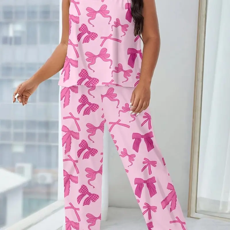 Plus Size Bow Print Cami Top & Pants Pyjama Set, Casual Comfortable Loungewear Set for Women, Women's Sleepwear for All Seasons, Pajamas & Homewear