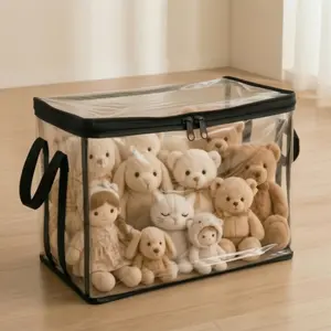 Black PVC Stuffed Animal & Doll Storage Box with Handle, Dustproof, Durable Toy Organizer for Kids' Room, Playroom, Living Room, or Birthday Gift