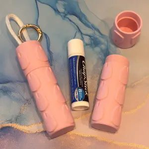 Chapstick Case Keychain, Portable Lip Balm Holder for Keys, Durable Plastic Carry Accessory - Pink