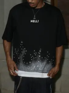 Men's Y2K Style Rhinestone Flame Cropped Graphic T-Shirt, Black Short Sleeve With "HELL!" Letter Print, Glitter Gradient Casual Streetwear Top, Suitable For Parties And Daily Wear