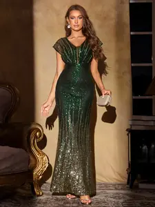 Women's Glitter Sequin Embroidered Evening Dress, Elegant Off Shoulder Maxi Dress for Evening Party, Ladies' Clothes for Special Occasions, Evening Party Dresses