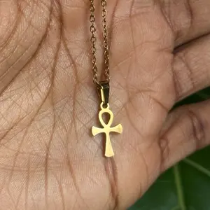 Ankh Cross Pendant Necklace - Dainty Steel Egyptian Symbol Charm on Adjustable Chain for Men Women