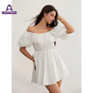 Women's casual summer solid color dress, elegant short puff sleeve off-shoulder belted dress perfect for parties