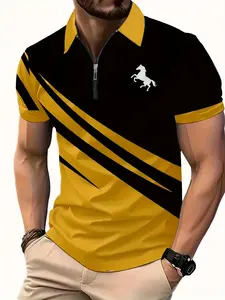 Men's Regular Fit Horse Print Polo Shirt, Casual Short Sleeve Half Zip Up Collared Top for Summer, Fashion Men's Clothes for Daily Wear, Polo Tees