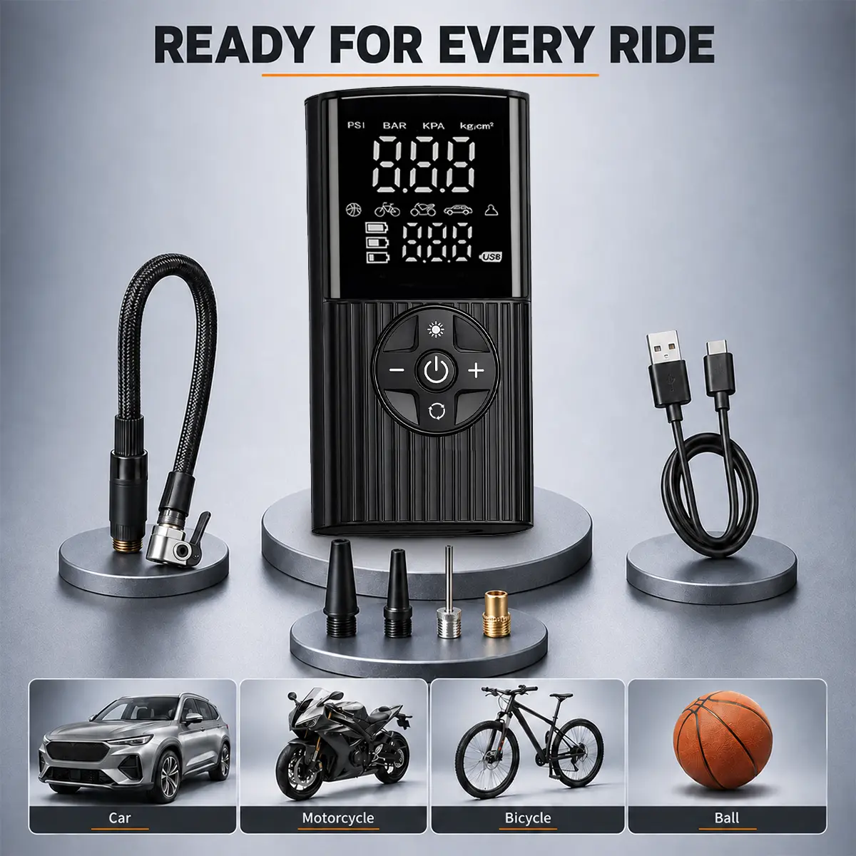 7-in-1 Cordless Inflator - Portable Tool with Digital Dual Values Display, 150 PSI, LED Emergency Light, Battery-Powered for Cars, Roadside Help to Inflate Tires, Ultra-Fast Inflation