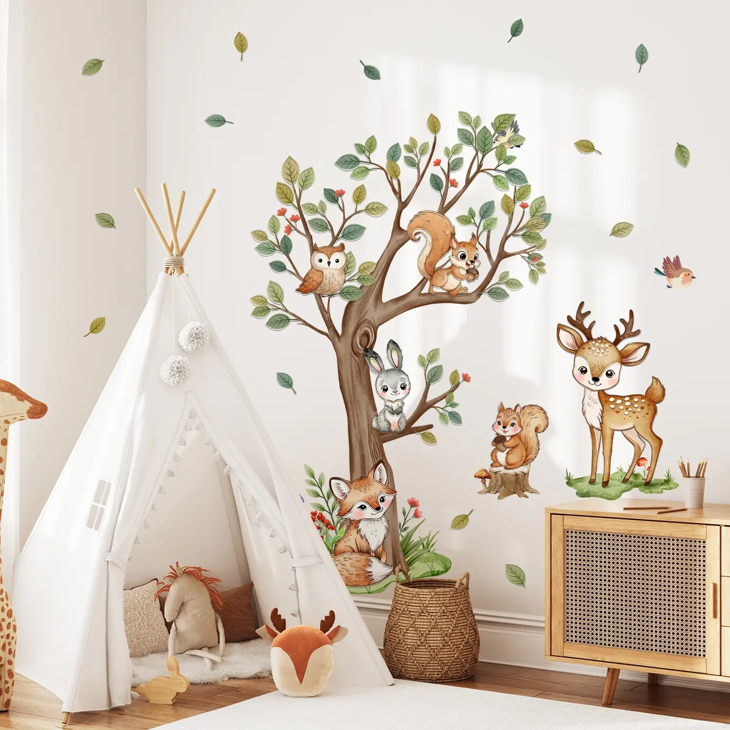 A set (30*90cm*2pcs) of large tree, squirrel, fawn and fox wall stickers for beautifying home, living room, entrance, corridor, bedroom decoration, bathroom background wall stickers, self-adhesive MG16001