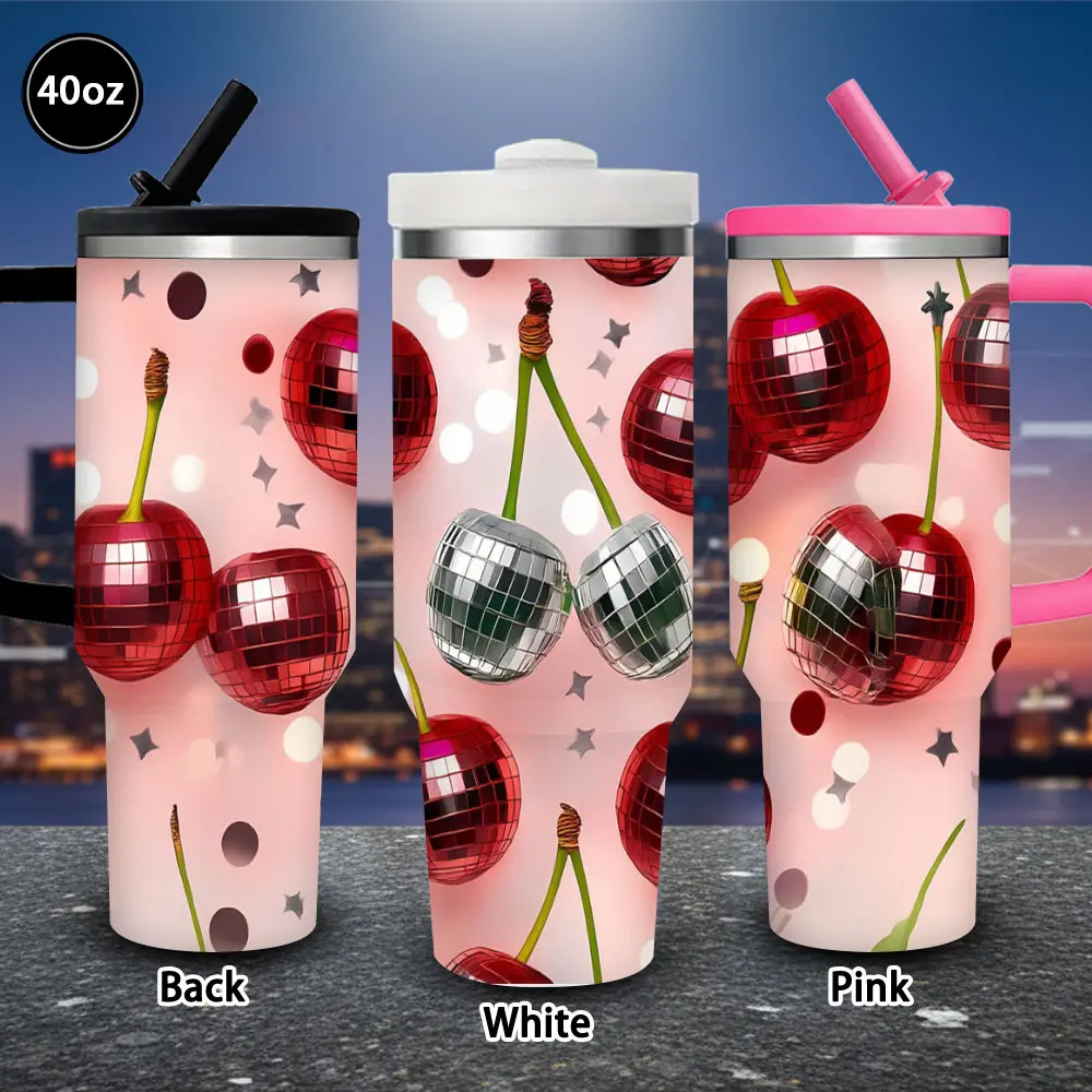 1 pc 40 oz Disco Cherry Tumbler with lid and straw, winter insulated travel mug, gift for women and men, ideal for Valentine’s Day, Easter, birthday gifts, iced/hot coffee cup