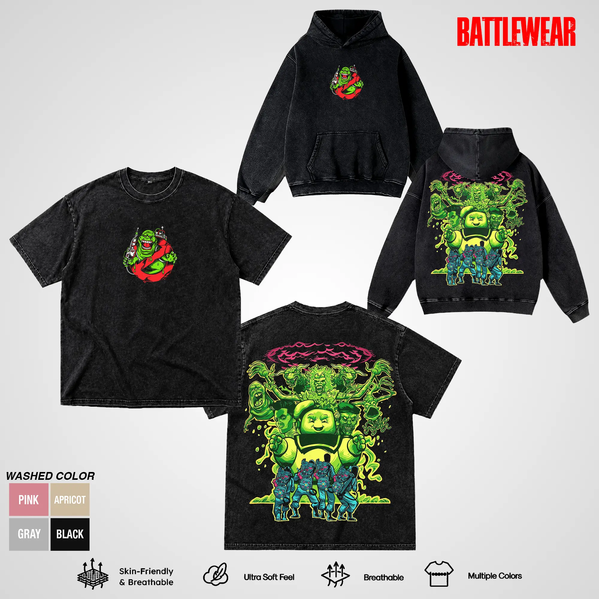 Ghostbusters Vintage Washed T-Shirt & Hoodie, Slimer Stay Puft Marshmallow Man Graphic Tee, Heavy Cotton Oversized Movie Merch, Halloween Horror Comedy Streetwear Unisex Shirt for Fans
