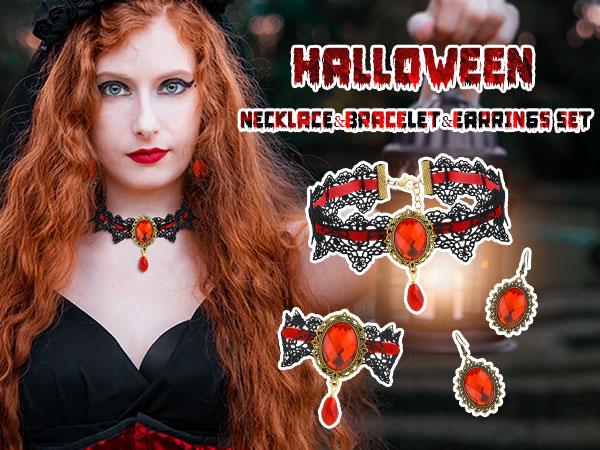 Halloween Ghost Jewelry Set Beaded BOO Pumpkin DIY Pendant Necklace Drop Earrings Gothic Lace Vampire Pendant Chain For Costume Party 16in+2in Extension