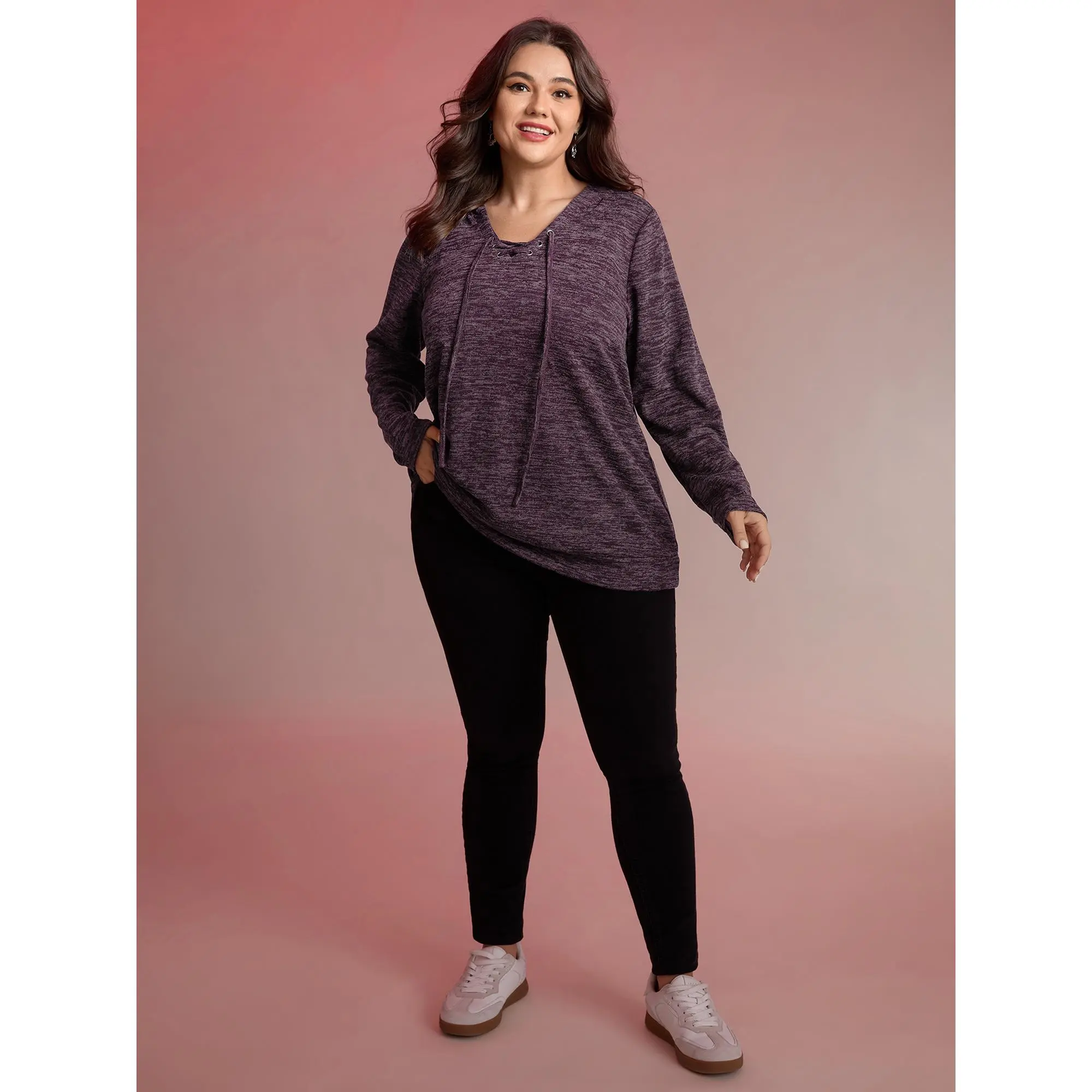 BLOOMCHIC Women's Plus Size Heather Hooded Pullover Sweatshirt - Basic Style, Athleisure Wear, Sporty Chic Everyday Casual Top, Lace-Up Cross-Tie Neck, Long Sleeves, Solid Polyester Blend Fabric, Regular Fit, Size M-6X, 2026 Summerfinds, Women's Hoodies,
