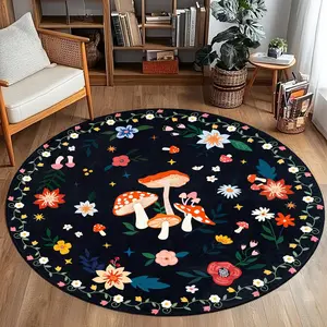 4' Machine Washable Round Area Rug, Non-Slip Vintage Floral Circle Rugs for Kids, Low Pile Room Carpet for Living Room, Bedroom, Dining Room & Nursery(4' Black Mushroom)