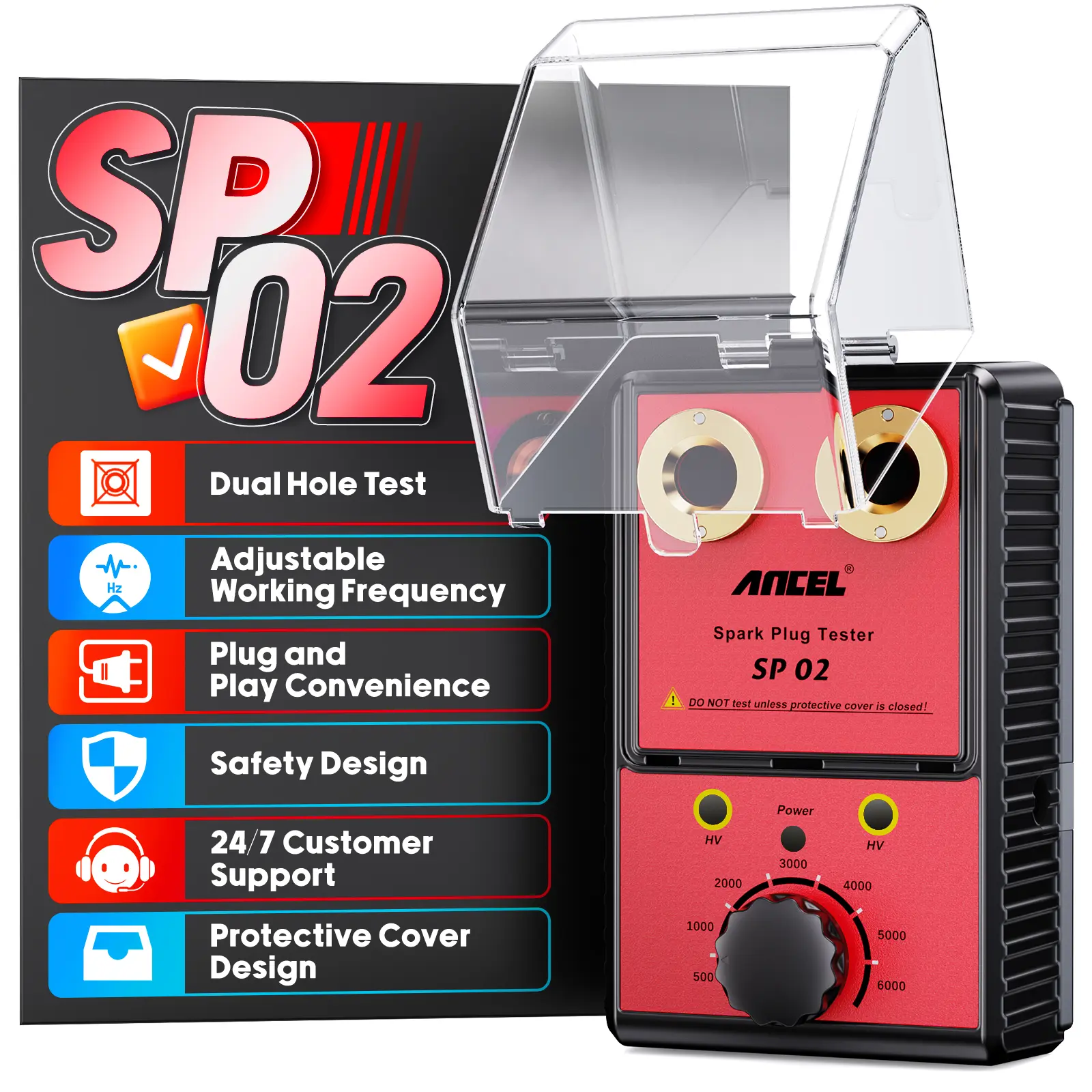 ANCEL SP02 Spark Plug Tester - Dual Hole Digital Automotive Tester, 12V ...