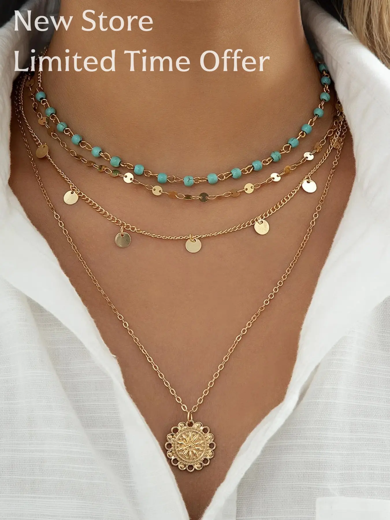 New Store Limited Time Offer Bohemian Turquoise Pendant Necklace, Floral Pattern, Tiered Layer Design, Titanium Alloy Chain, Boho Style Jewelry Gift for Her, All Season Wear