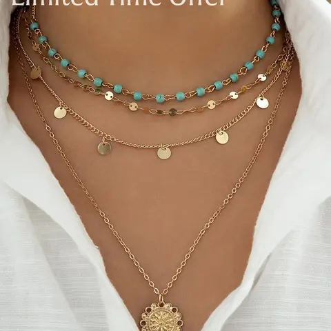 New Store Limited Time Offer Bohemian Turquoise Pendant Necklace Floral Pattern, Tiered Layer Design, Titanium Alloy Chain, Boho Style Jewelry Gift for Her, Festivals, All Season Wear