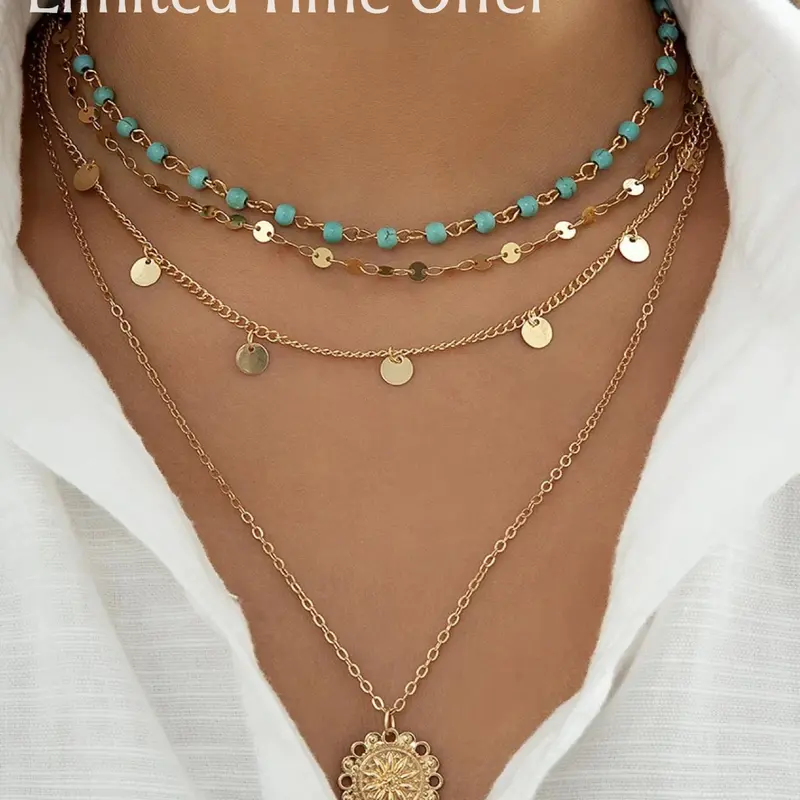 New Store Limited Time Offer Bohemian Turquoise Pendant Necklace Floral Pattern, Tiered Layer Design, Titanium Alloy Chain, Boho Style Jewelry Gift for Her, Festivals, All Season Wear