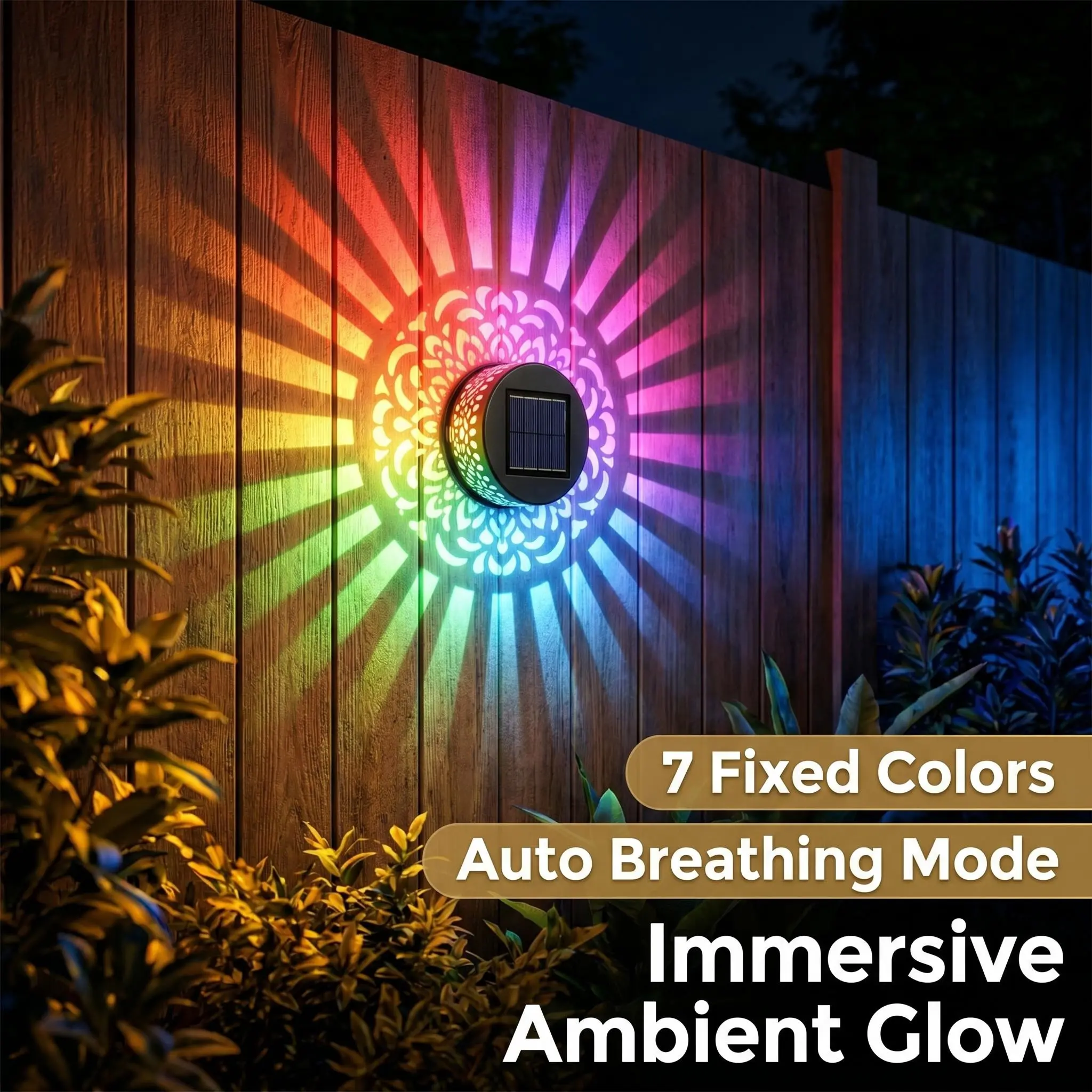 RGB Color Changing Solar Mandala Pattern Projection Lights, Waterproof Outdoor Metal Fence Wall Lamp, Auto Solar Decor Light Cast Beautiful Mandala Floral Shadow for Garden Patio Backyard, Ideal Holiday Housewarming Gift