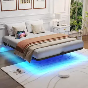 KNOTZ Floating Bed Frame with Charging Station and Led Light, Platform Metal Bed Frame with Heavy Duty Steel Slats Support