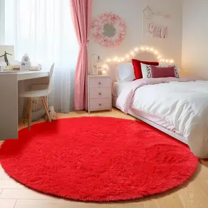 JAKOLIVE Hot Red Round Fluffy Rug for Woman Bedroom Shaggy Circle Area Rugs for Room Living Room Cute Fuzzy Carpet for Dorm Playroom Rug Upgrade Non-Slip Soft Plush Carpets for Sister’s Birthday Party Home Room Decor Aesthetic