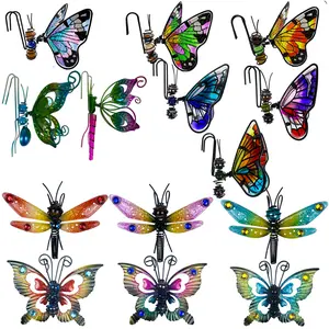Flower pot decorative pendant with butterfly and dragonfly design, made of metal glass and painted ornaments, suitable for potted plants and personalized decorations.