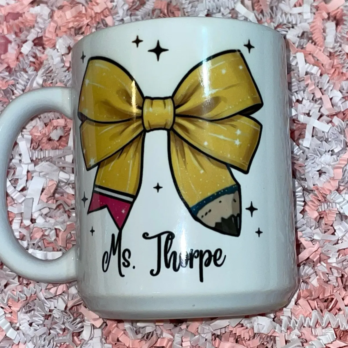 11oz Ceramic Teacher Mug with Custom Name and Pretty Pencil Bow - Drinkware