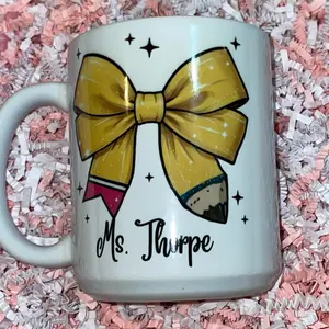11oz Ceramic Teacher Mug with Custom Name and Pretty Pencil Bow - Drinkware