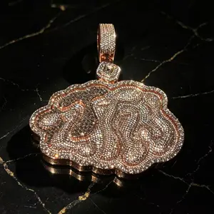 8143  Rose Gold Iced Out Cloud Custom Name Pendant, Big Bling Shiny Stone Wavy Edge Letter Charm Hip Hop Statement Necklace for Men Women Streetwear Rapper Jewelry