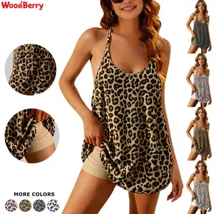WoodBerry Women's Leopard Print Summer Sleeveless Mini Dress Athletic Built-in Shorts 2-in-1 V Neck Spaghetti Strap Casual Sundress with Dual Side Pockets Womenswear