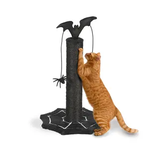 Rebuyhome Gothic Cat Scratching Post with Spider Dangling Toys for Indoor Cats, Halloween Spooky Cat Scratcher with Cobweb Base, Black