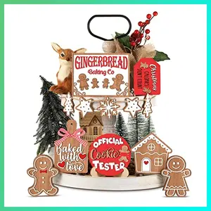 Jetec 12 Pcs Christmas Tiered Tray Decorations Set Christmas Wooden Signs Tiered Tray Decor Xmas Gingerbread Man Snowflakes Pink Gnome Sign Rustic Farmhouse Decor for Home Table Shelf(Santa)