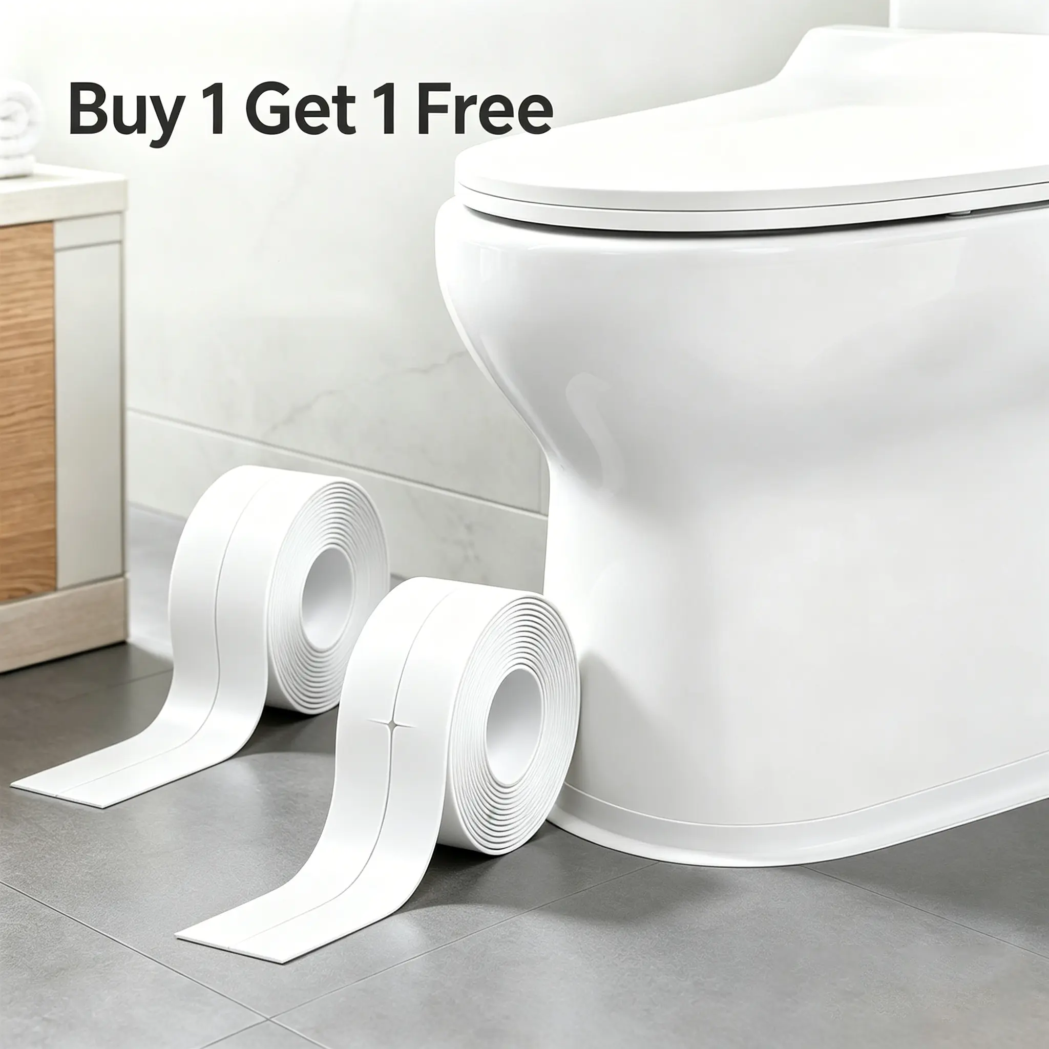 Buy 1 Get 1 Free 16.4FT*1.5IN Waterproof Self-Adhesive Sealing Tape, Heavy Duty Strong Adhesive White PVC Caulk Strip, Oil & Mildew Proof Invisible Gap Sealant Tape for Under Sink, Stove, Toilet Liner, Kitchen & Bathroom Edge Repair