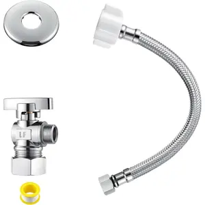 1-piece Complete Toilet Valve Set, Including 1/ 2inch Inner Diameter Inlet x3/ 8inch Outer Diameter Compression Outlet Angle Shutoff Valve, Stainless Steel Toilet Water Supply Pipe, Decorative Plate, Sealing Tape ( 9inch Hose)
