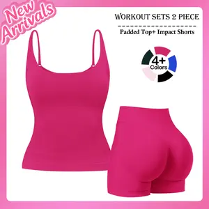 Jetjoy Women's 2-Piece Slim-Fitting Workout Set, Longline Cami Tank Top & Scrunch Butt Lift Shorts, Seamless High-Stretch Durable Gym Outfits for Yoga & Fitness, Workout Sets For Women,summervibes,Summeroutfit
