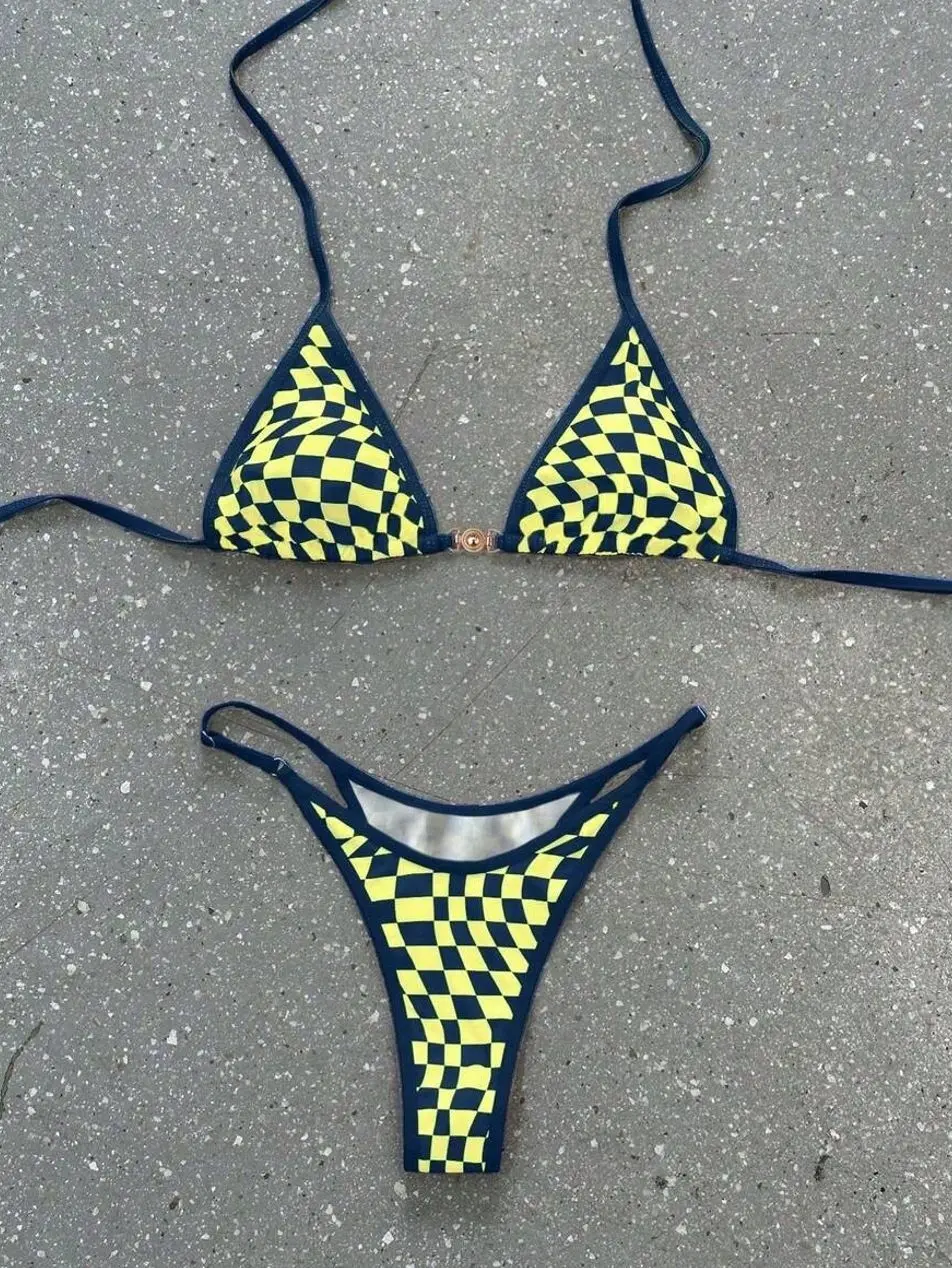 Plaid Spaghetti Strap Bikini Set - Elegant Summer Vacation Beach Party Swimsuit