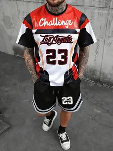 Men's Sporty Round Neck Printed Short Sleeve Set, Loose-Fit Drawstring Waist Shorts with Pockets, Ideal for Summer Sports & Fitness, Athleisure Wear Set