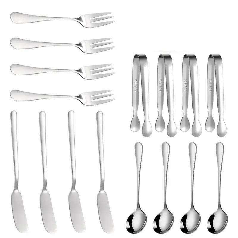16-Piece Durable Stainless Steel Kitchen Tool Set - Rust-Resistant Cheese Butter Spreaders, Silver Smooth-Appearance Charcuterie Mini Serving Tongs, Small Forks, 16 Pieces