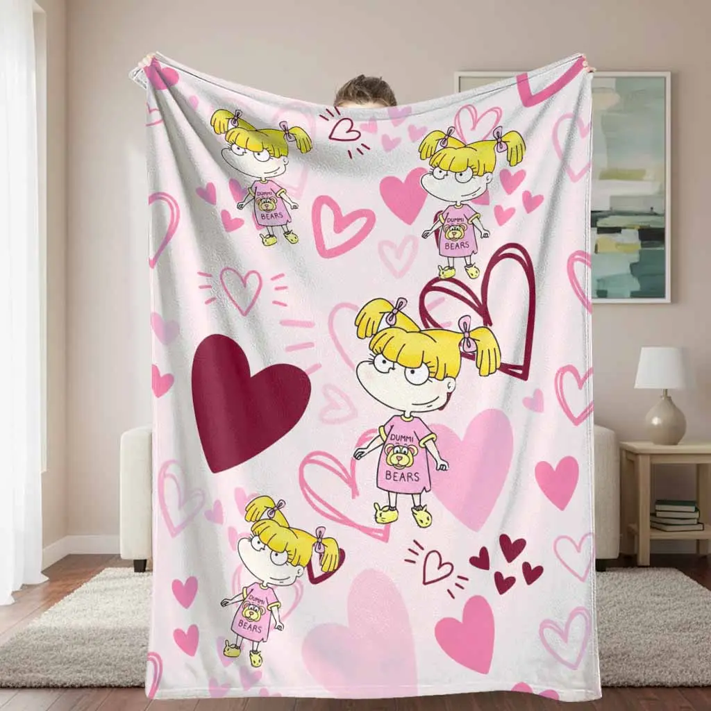 Cartoon Girl Flannel Blanket Pink Heart Pattern Aesthetic Plush Throw Super Soft Lightweight Cozy Bedding Decor Perfect For Valentine Day Birthday Gift Home Sofa Bedroom Couch Office Travel Camping Lounge Nap