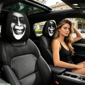 2 PCS Gothic Style Creepy Grinning Face Print Car Headrest Covers, Universal Elastic Car Seat Headrest Protectors, Spooky Horror Smiling Face Pattern Auto Headrest Covers, Cool Scary Decor Accessories for Car SUV Truck Sedan