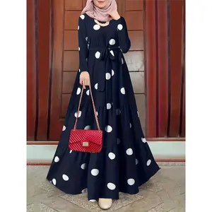 Elegant Red Polka Dot Abaya - Long Sleeve, Round Neck, Ruffled Hem Maxi Dress for Women - 100% Polyester, Machine Washable, Tie Waist - Ideal for Spring/Summer/Fall Events, Fancy.