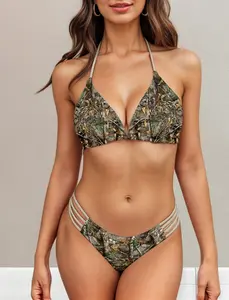 Women’s Camo Print Bikini Set – Adjustable Triangle Top & Tie-Side Bottom – Realistic Forest Camouflage Swimsuit for Beach, Pool & Outdoor Vibes MK19048-MIE.BK3