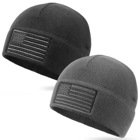 OUTDOOR SHAPING Unisex 2-Pack High Quality Quick-Dry Fleece Beanies - Adjustable, Breathable, American Flag Skull, Freedom Feather Snapback, Tactical All-Weather Rugged Military Hats, Flag Accent, Black+Grey, Casual Wear, Birthday Gift