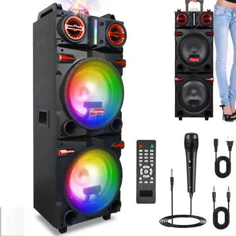 DAZONE Portable Wireless Bluetooth PA Bass Speaker with Dual 10" Subwoofers, 3" Tweeter, Karaoke Mic, Colorful LED Lights, Stereo Audio, Remote, Guitar Cable, 1 x AUX Cable, Smartphone/Computer Compatibility, Card Support for Home, Camping