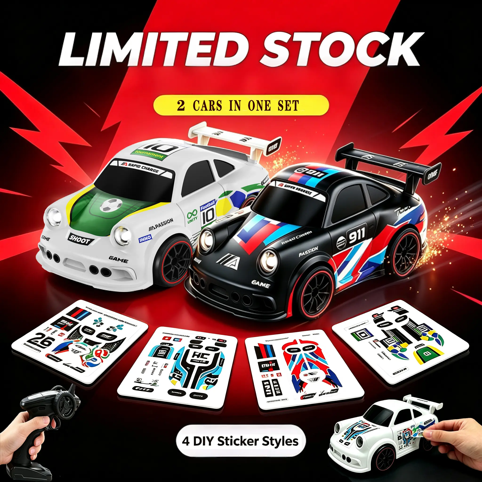 2 Pack RC Drift Race Vehicle Model, 2.4GHz Remote Control Racing Car with Simulated Spark Drift & 4 Custom DIY Decor Stickers, LED Light 360° Stunt Rechargeable Collectible Model Car, Indoor Outdoor Hobby Gift for Automotive Enthusiasts