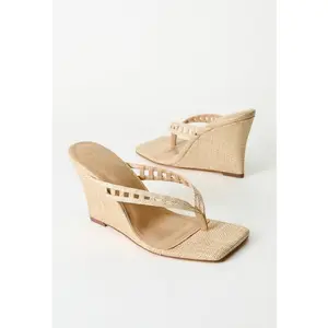 JUSTFAB Women's Summer Raffia Wedge Sandals - Square Toe, Slip-On Heels, Braided Straw Thong Mules, Lightweight Footwear for Vacation - Stylish Shoe Design