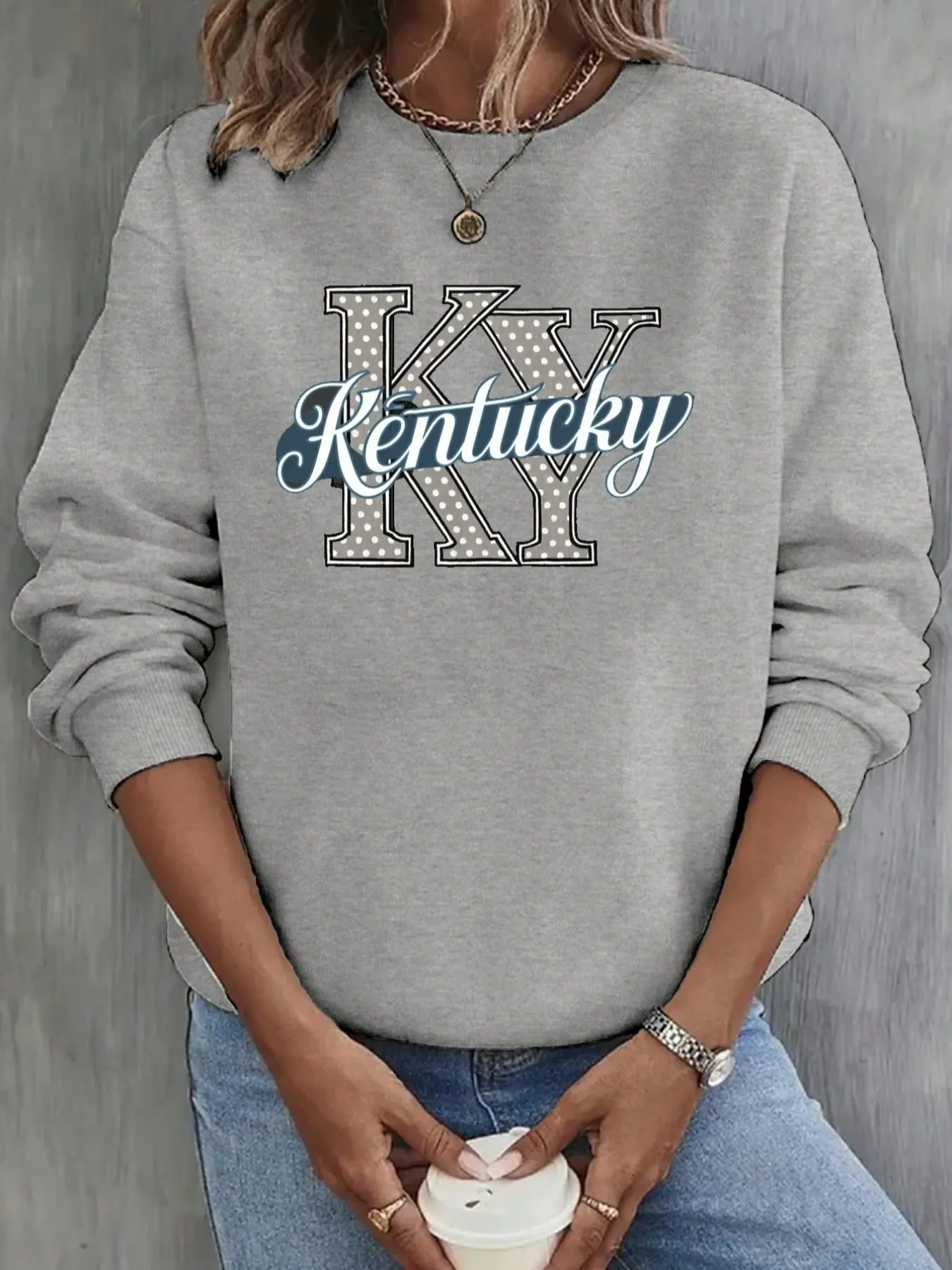 Women's Retro Kentucky Letter Print Knit Long Sleeve Pullover Sweatshirt, Fall & Winter Loose-Fit Round Neck Jumper, Casual Holiday Style