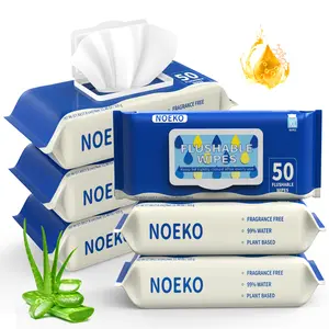NOEKO Extra Large Flushable Wipes 7" x 7" - 6 Pack(300 Wipes) Unscented XL Adult Wet Wipes Fragrance Free Hypoallergenic Plant Based Septic Safe Toilet