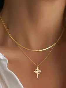Women's Zircon Crown Cross Pendant Religious Necklace Set, Gold/silver Color Stainless Steel Snake Chain Multi-Layer Jewelry for Women